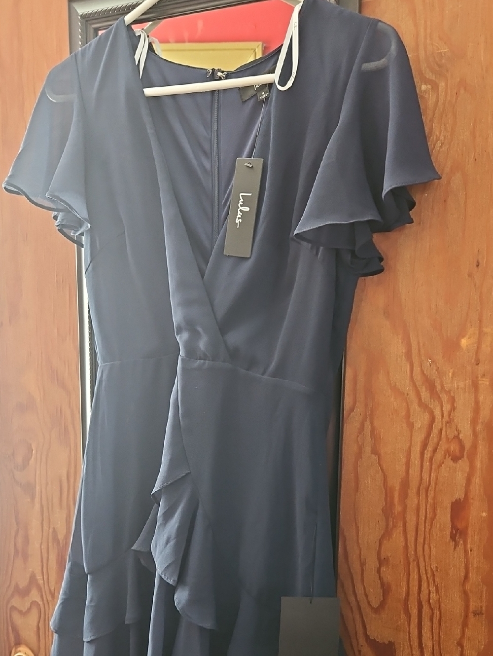 Lulu's Navy Ruffle Wrap-Style Midi Dress